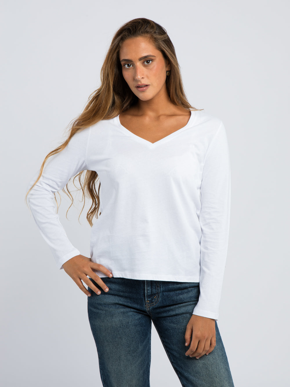 V neck long sleeve tee WHITE