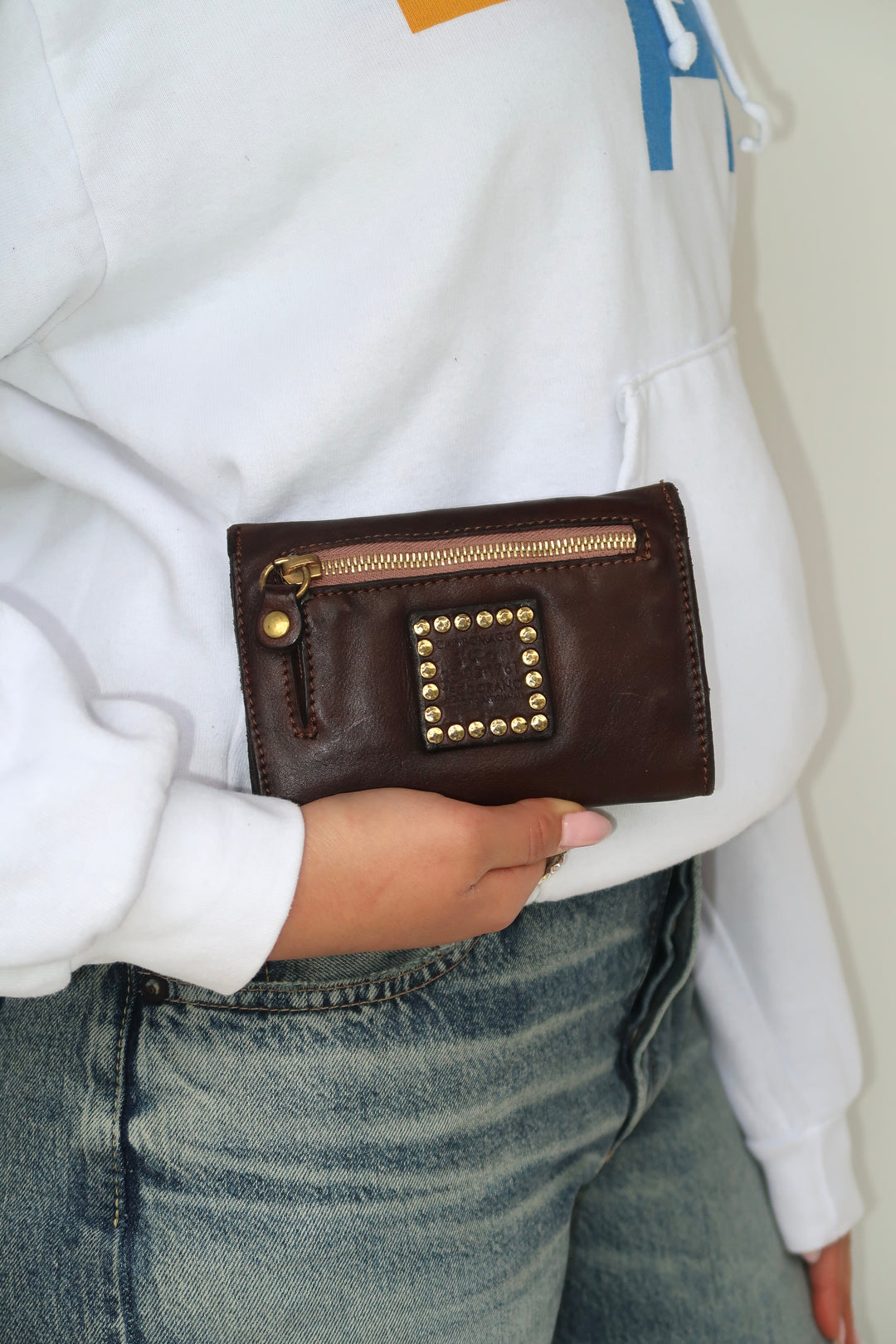 WALLET+COIN PURSE+MULTI STUDS BROWN
