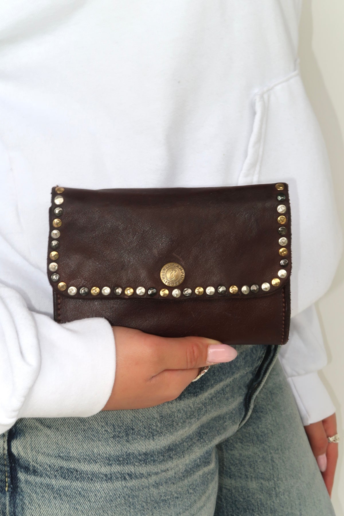 WALLET+COIN PURSE+MULTI STUDS BROWN