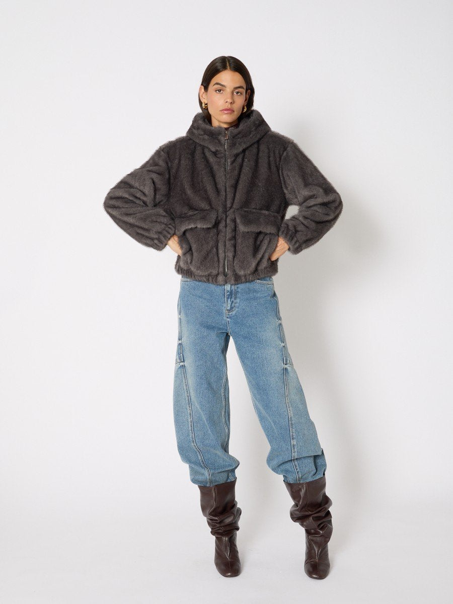 Short coat w fur hood ANTHRACITE