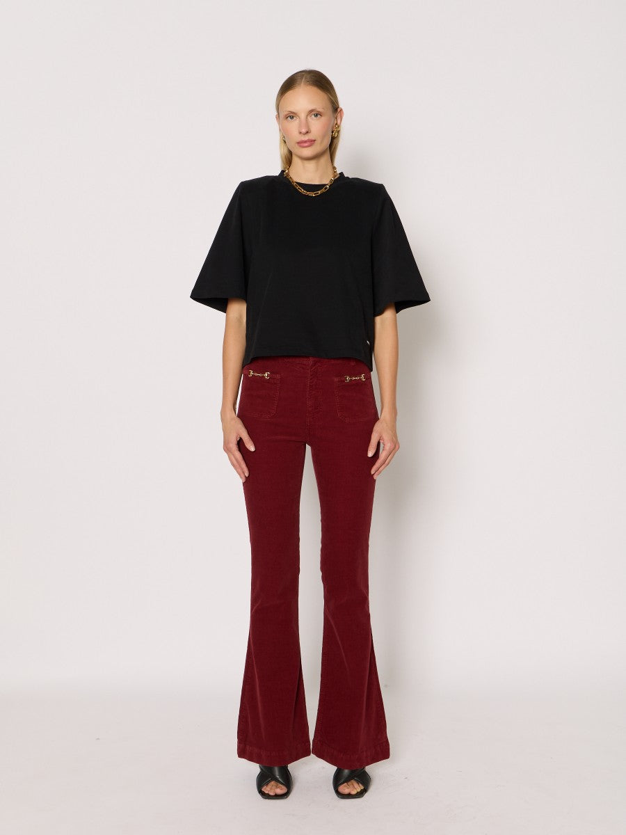Flared jeans w patch pocket BURGUNDY