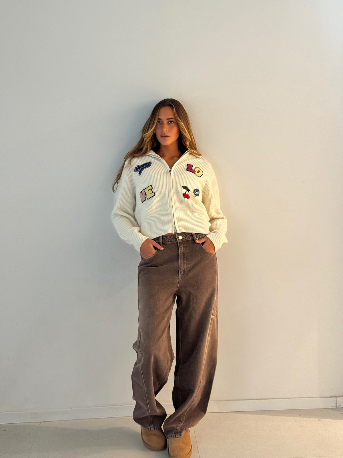 Zip cardigan with patch IVORY
