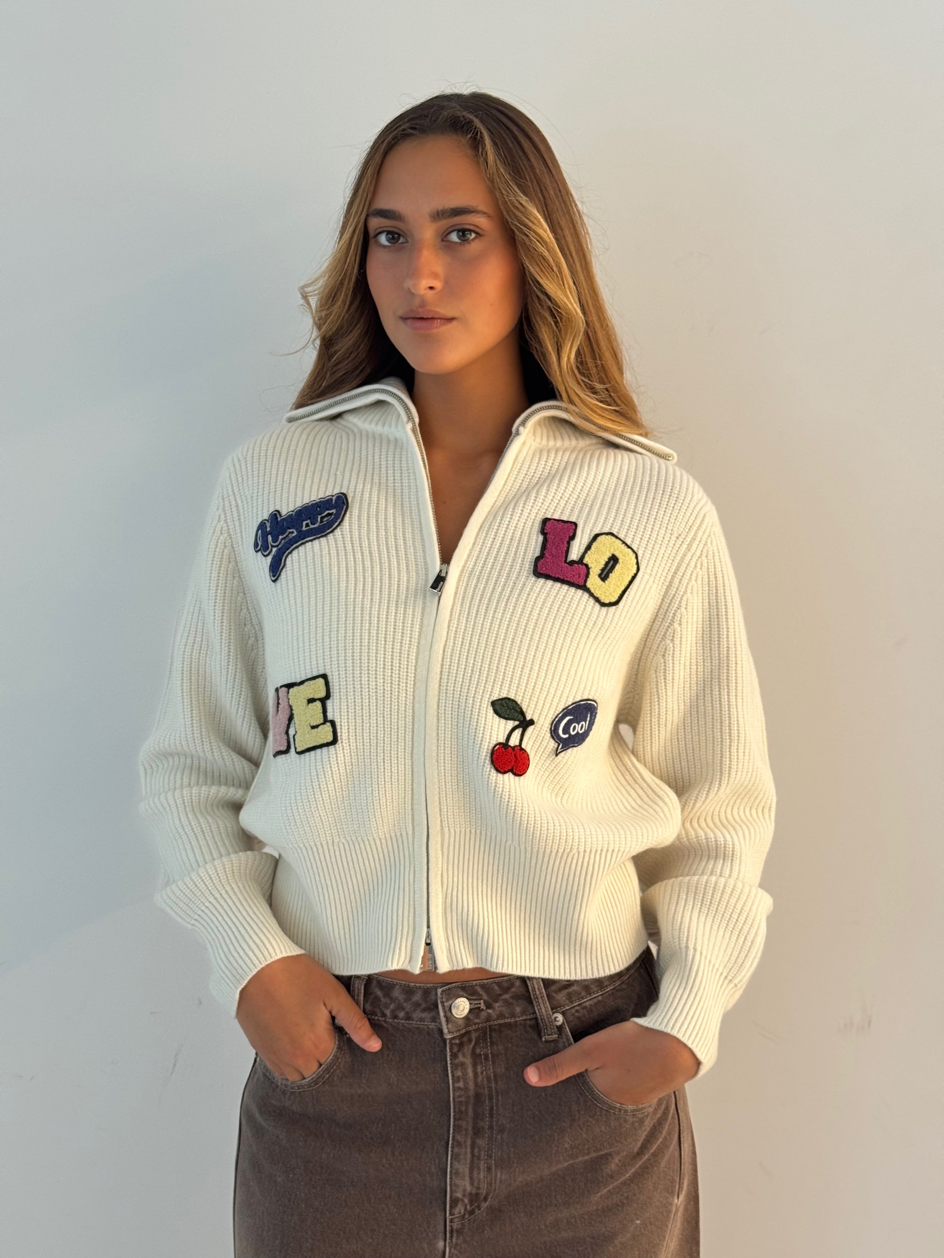 Zip cardigan with patch IVORY