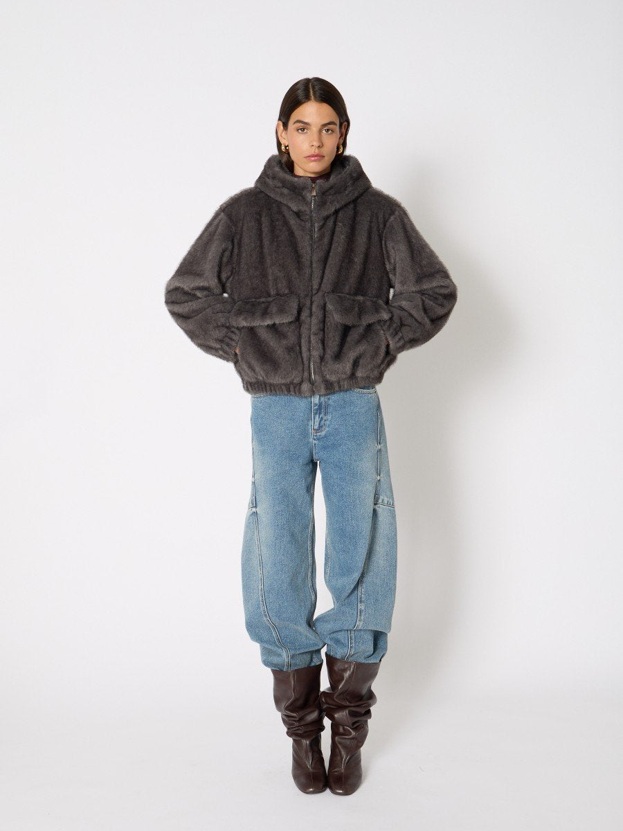 Short coat w fur hood ANTHRACITE