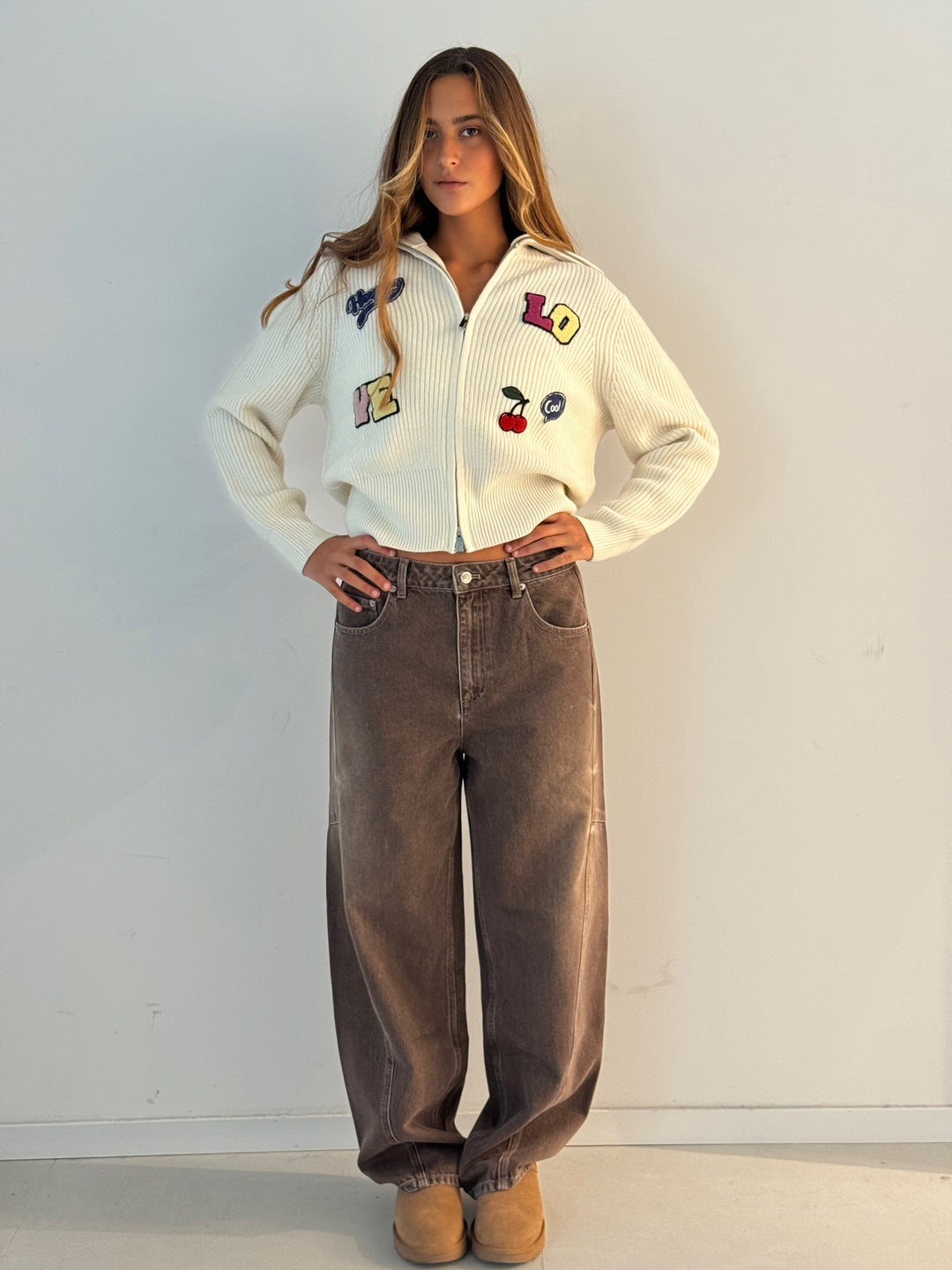 Zip cardigan with patch IVORY