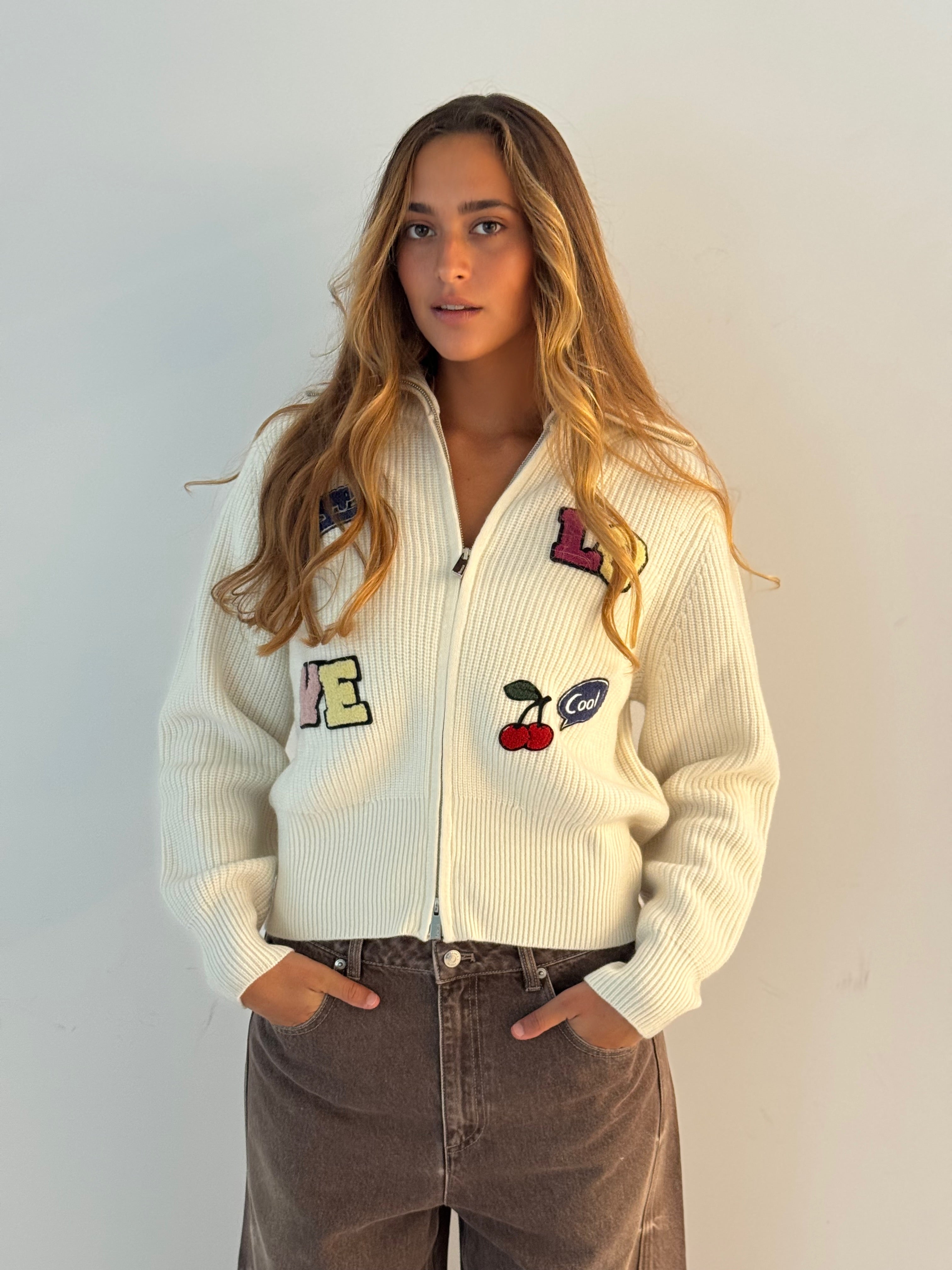 Zip cardigan with patch IVORY