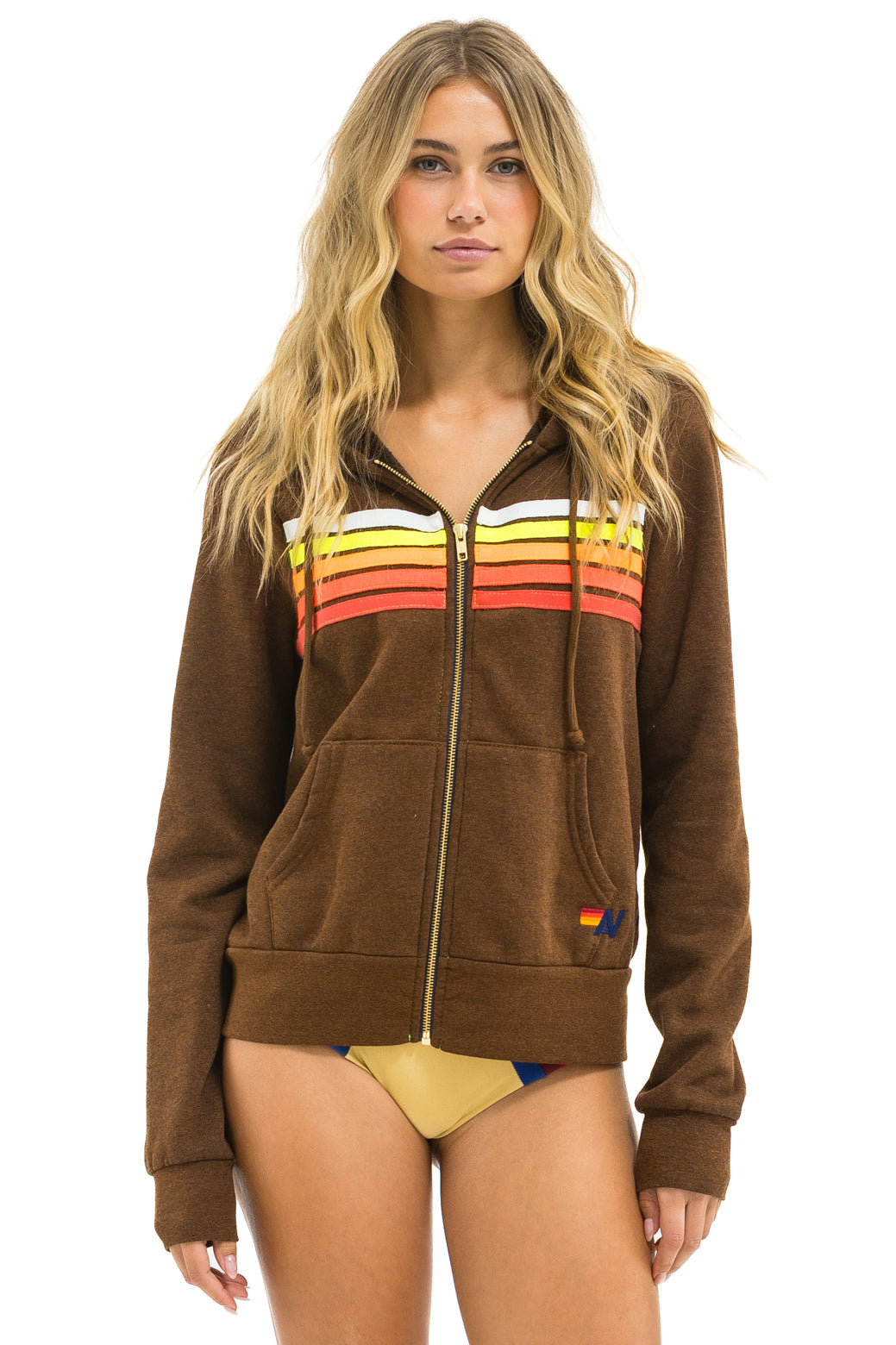 5 Stripe zip hoodie CHOCO/WHT NEON