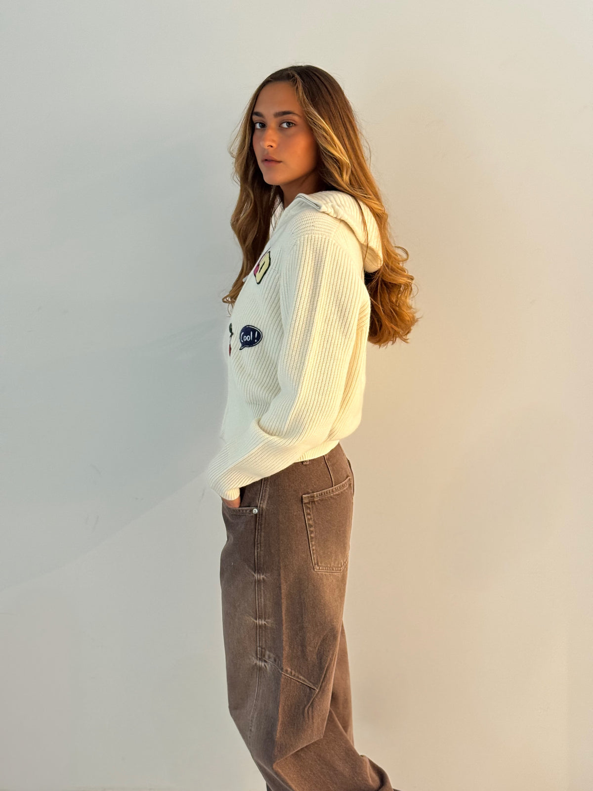 Zip cardigan with patch IVORY
