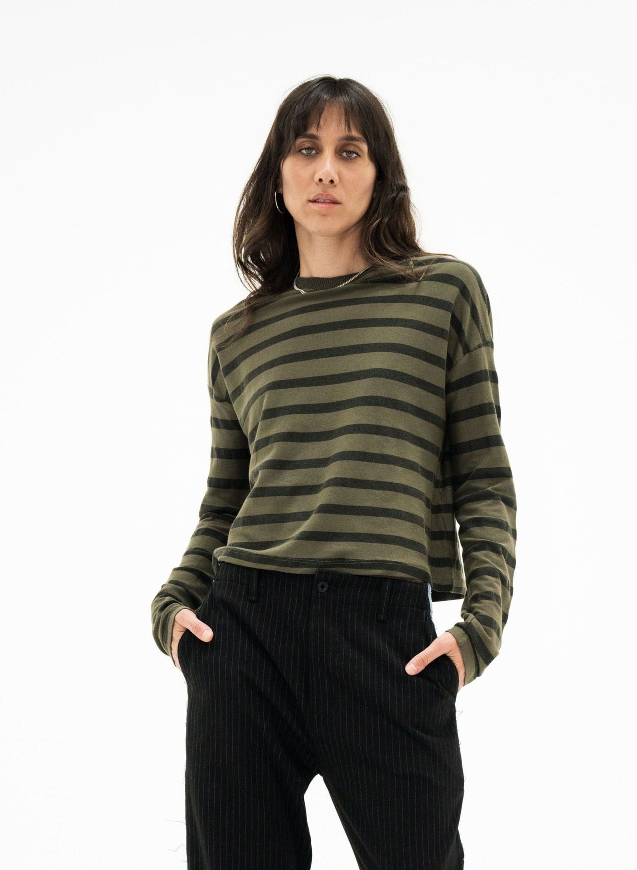 Cropped long sleeve tee stripe GREEN/BLACK