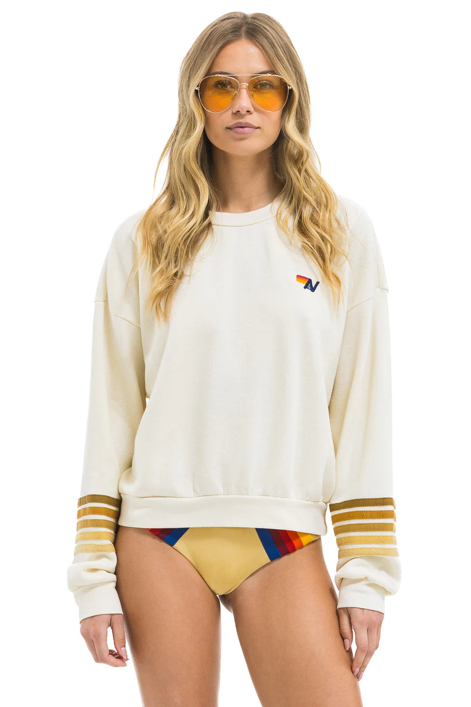 Rugby stitch 2 crew sweat relaxed V. WHITE/BROWN