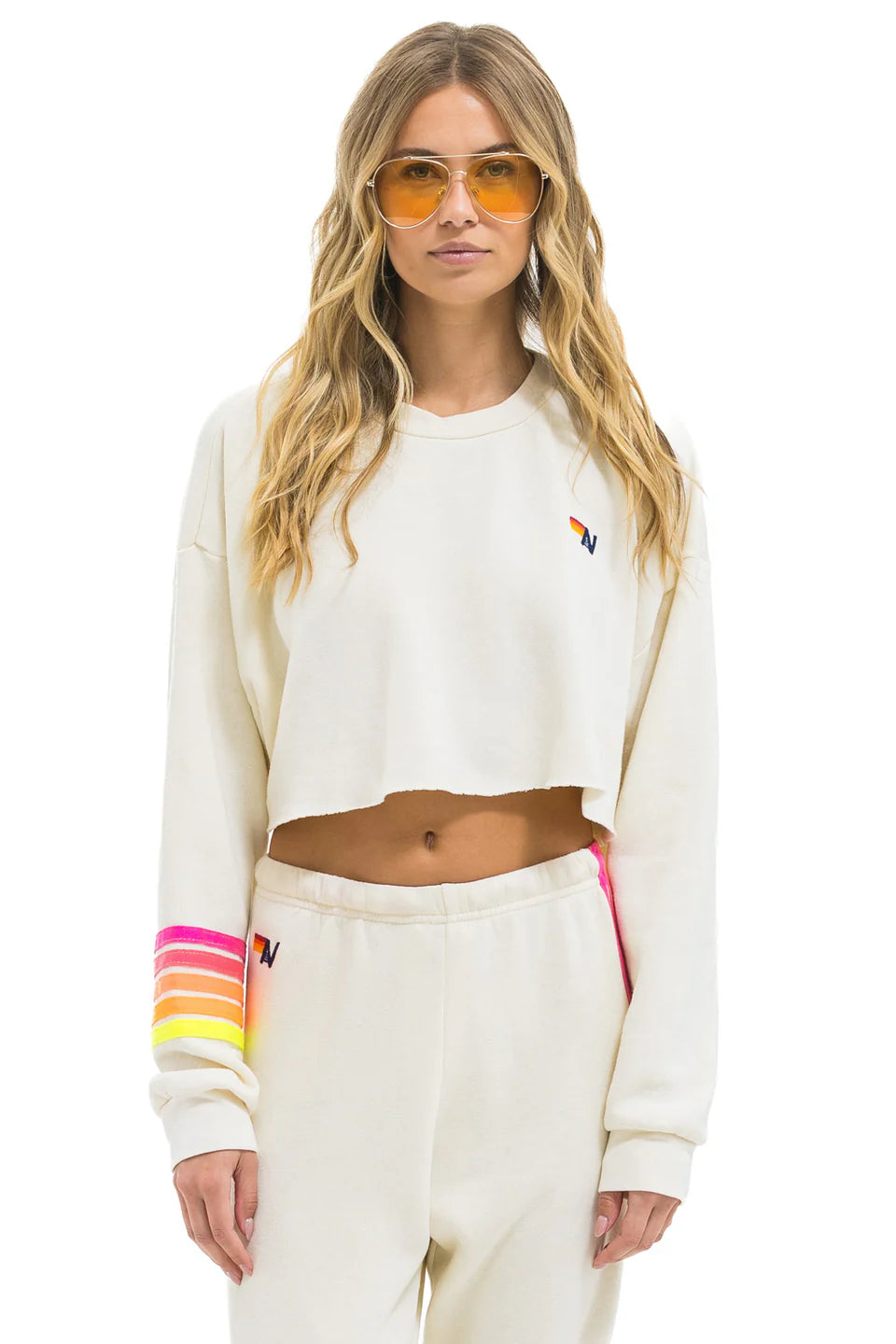 Rugby stitch cropped crew relaxed V. WHITE/NEON