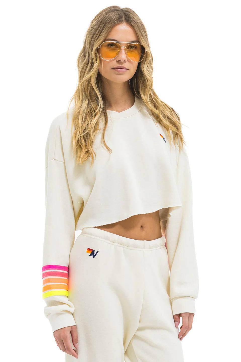 Rugby stitch cropped crew relaxed V. WHITE/NEON